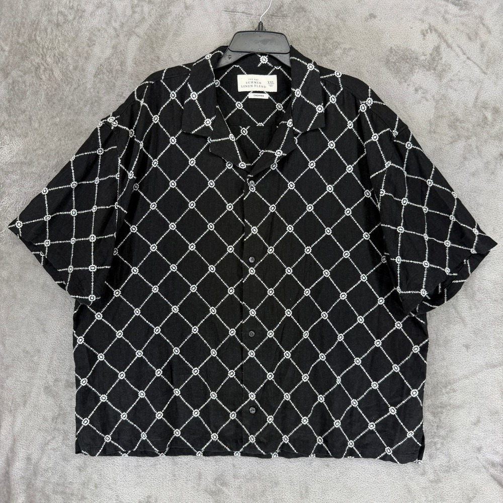 Abercrombie & Fitch Shirt Mens XXL Black Linen Blend Cropped Embroidered Diamond